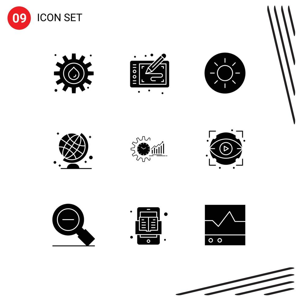 9 Thematic Vector Solid Glyphs and Editable Symbols of market analytics paint chart geography Editable Vector Design Elements