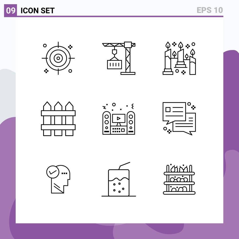 Outline Pack of 9 Universal Symbols of speaker multimedia candles wood home Editable Vector Design Elements