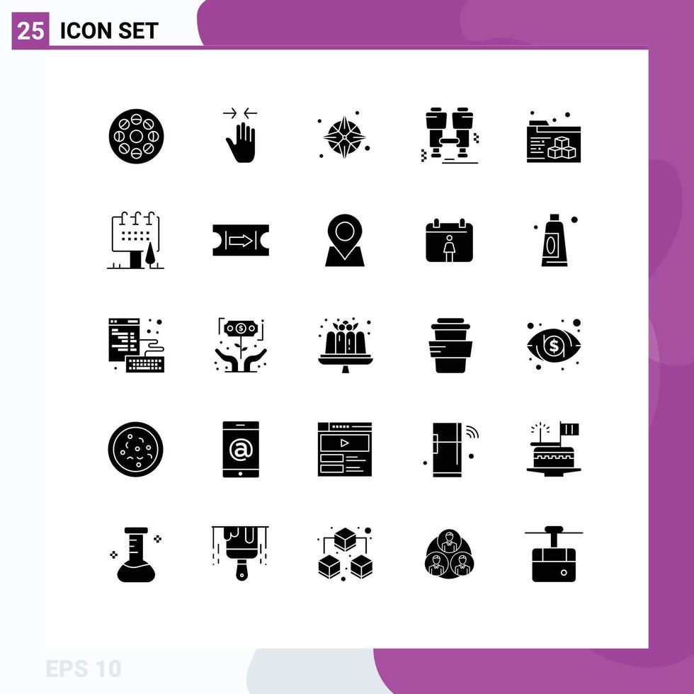 Set of 25 Vector Solid Glyphs on Grid for printing explore zoom in camping location Editable Vector Design Elements