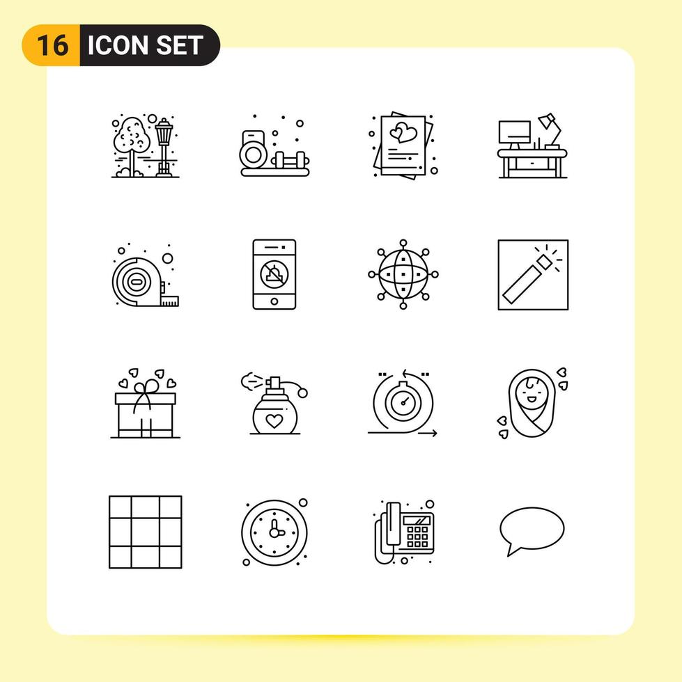 Pack of 16 creative Outlines of measuring office table heart lamp wedding Editable Vector Design Elements