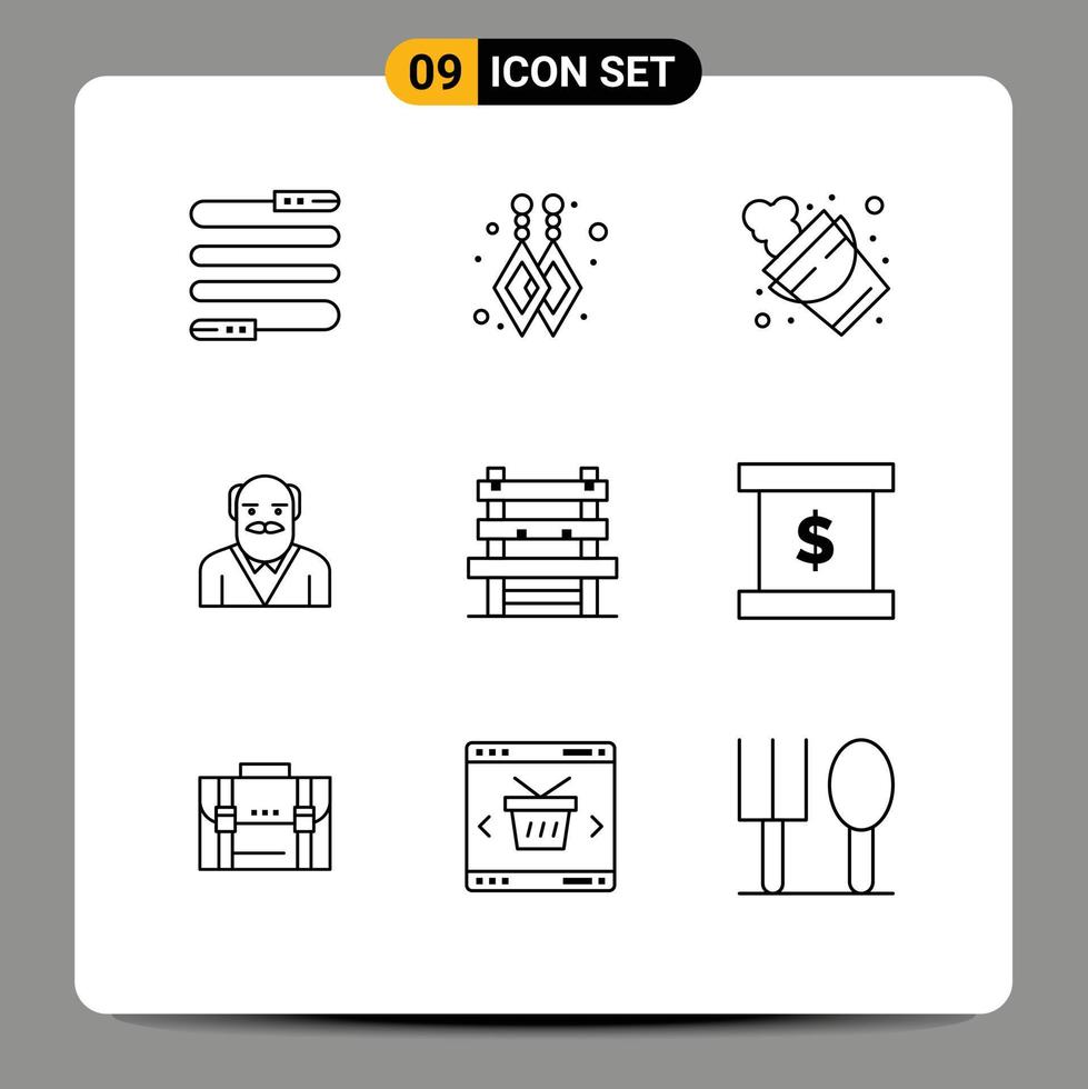 9 Universal Outlines Set for Web and Mobile Applications waiting room firefighter chair old man Editable Vector Design Elements