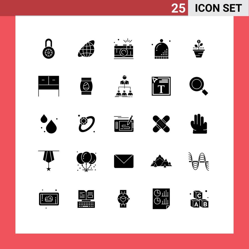 Modern Set of 25 Solid Glyphs and symbols such as growth holiday photography hat celebration Editable Vector Design Elements
