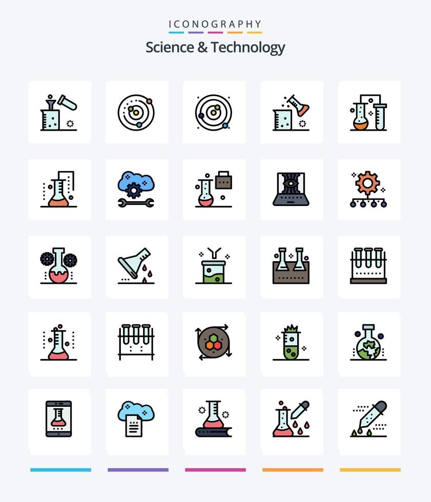 Creative Science And Technology 25 Line FIlled icon pack  Such As cloud service configure. cloud application service. solar system. scientific research. science lab vector
