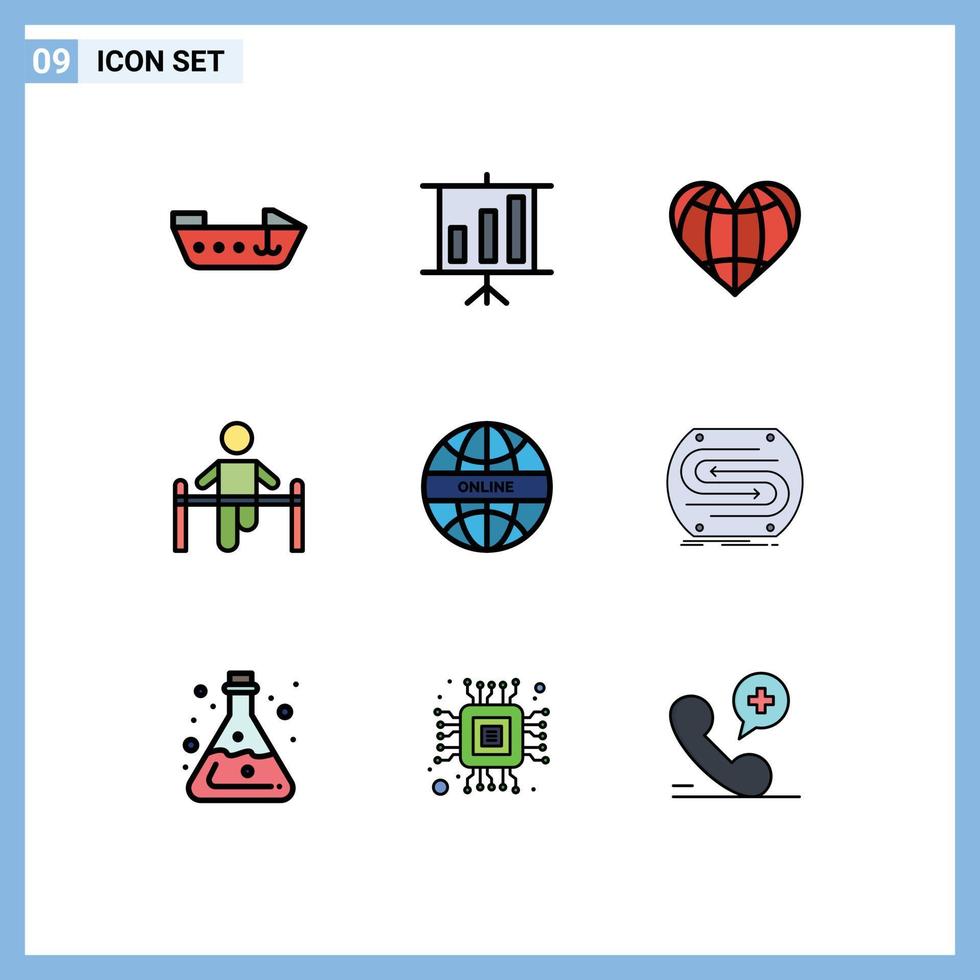 Mobile Interface Filledline Flat Color Set of 9 Pictograms of internet man like health gym Editable Vector Design Elements