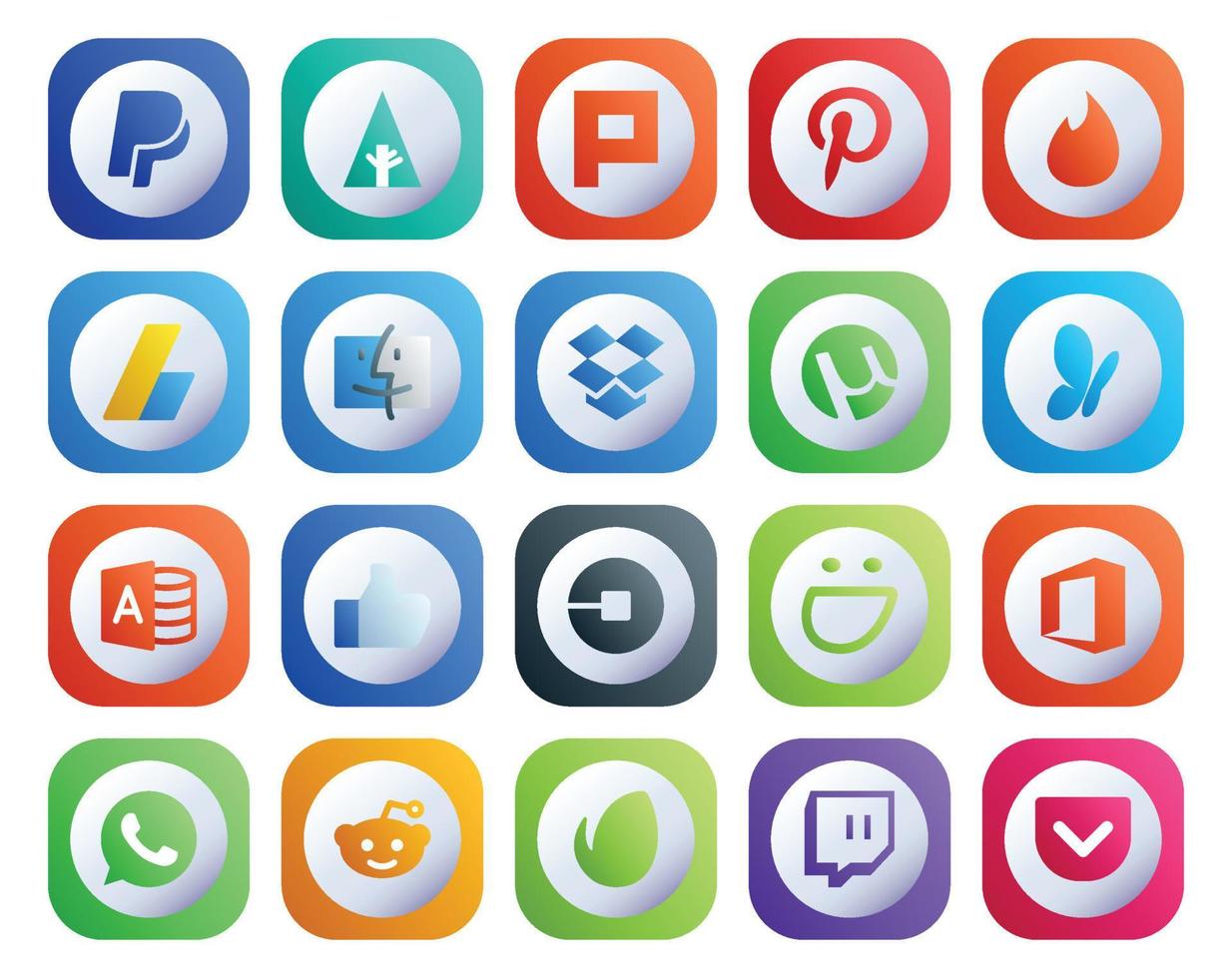 Paquete de 20 íconos de redes sociales que incluye el coche de Dropbox del conductor de la oficina como vector