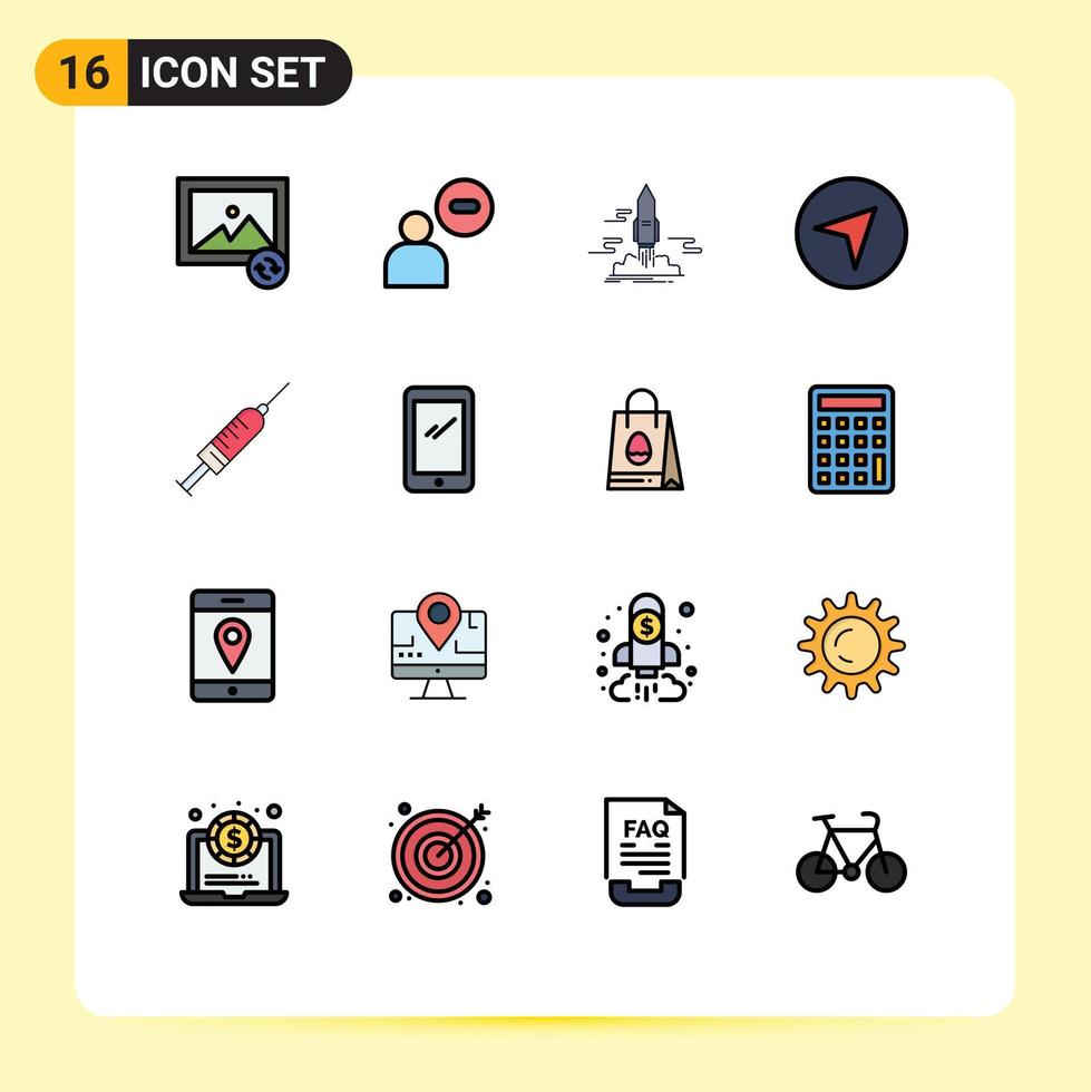 16 Flat Color Filled Line concept for Websites Mobile and Apps vaccine syringe publish pointer direction Editable Creative Vector Design Elements