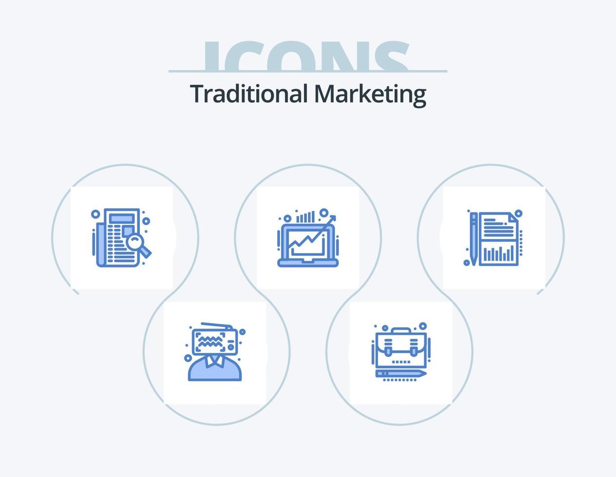 diseño de icono de paquete de icono azul de marketing tradicional 5. lucro. crecer. controlar. demanda. registro vector