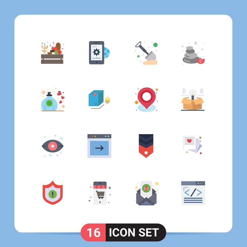 Pack of 16 Modern Flat Colors Signs and Symbols for Web Print Media such as love nature setting sauna mining Editable Pack of Creative Vector Design Elements