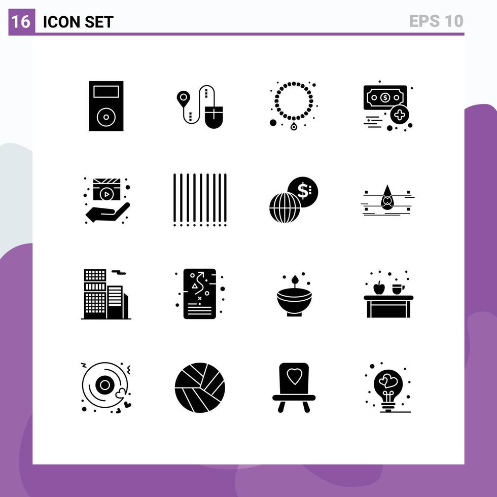 Set of 16 Vector Solid Glyphs on Grid for film income computer finance business Editable Vector Design Elements