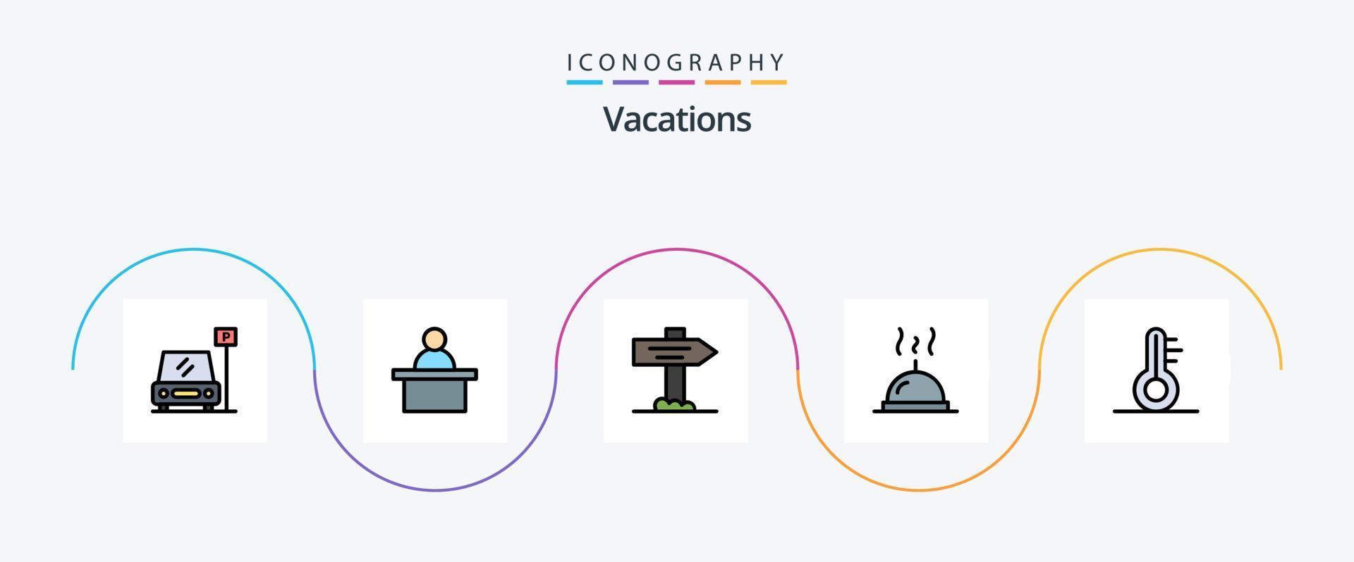 Paquete de 5 iconos planos llenos de línea de vacaciones que incluye. clima. mapa. termómetro. restaurante vector
