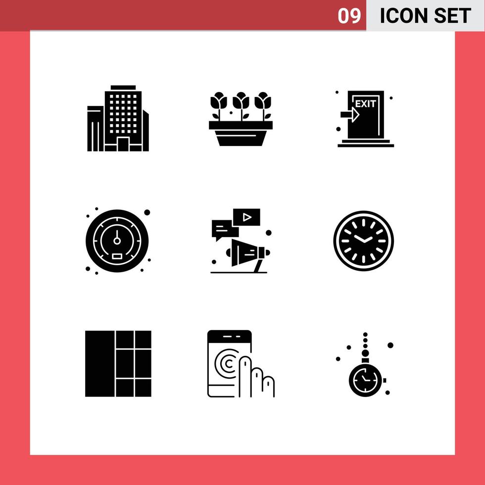 Pack of 9 creative Solid Glyphs of youtube megaphone escape traffic meter Editable Vector Design Elements