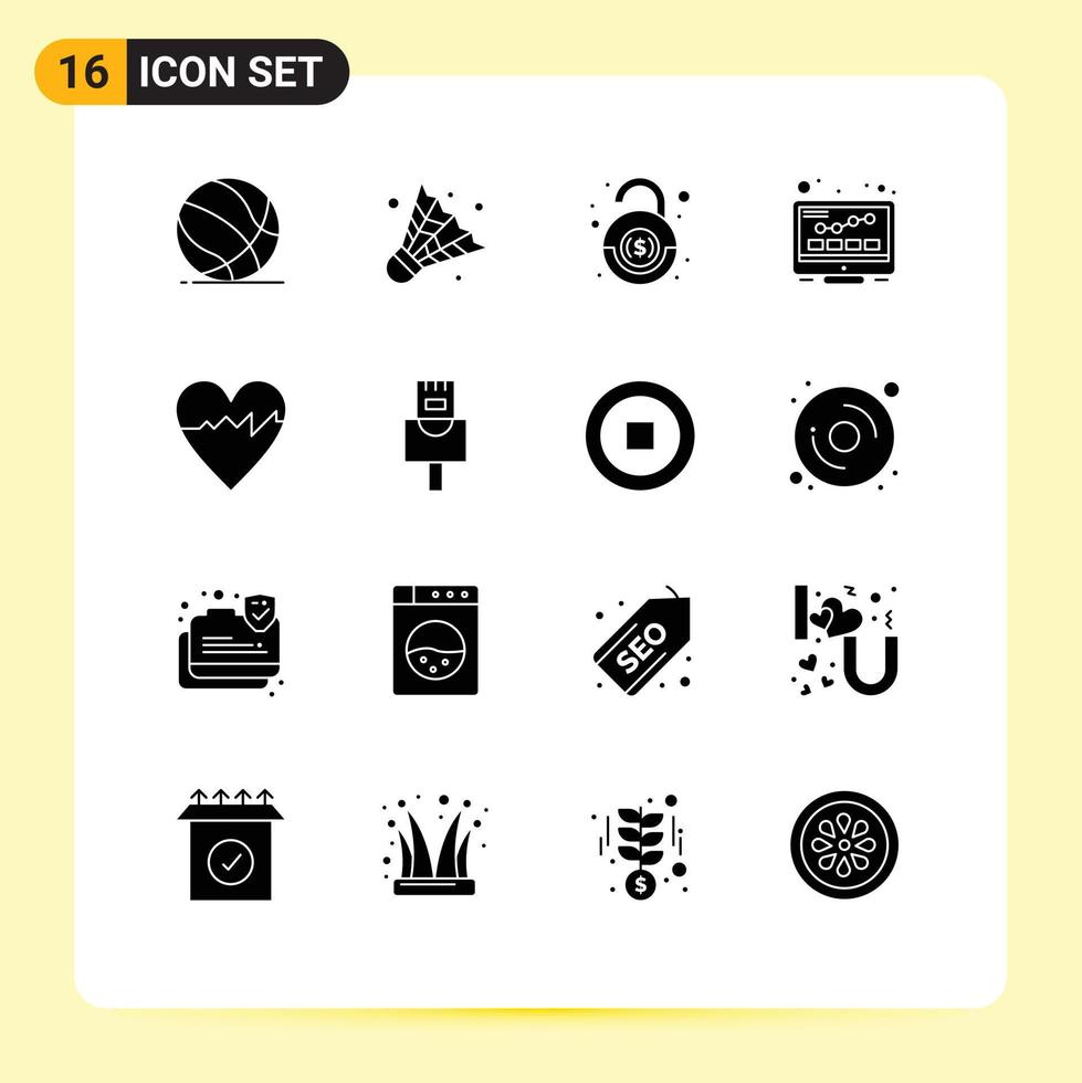 Group of 16 Modern Solid Glyphs Set for heart seo bank monitoring internet Editable Vector Design Elements