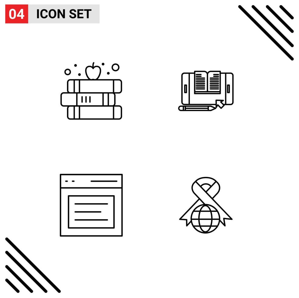 Mobile Interface Line Set of 4 Pictograms of book communication apple smartphone interface Editable Vector Design Elements