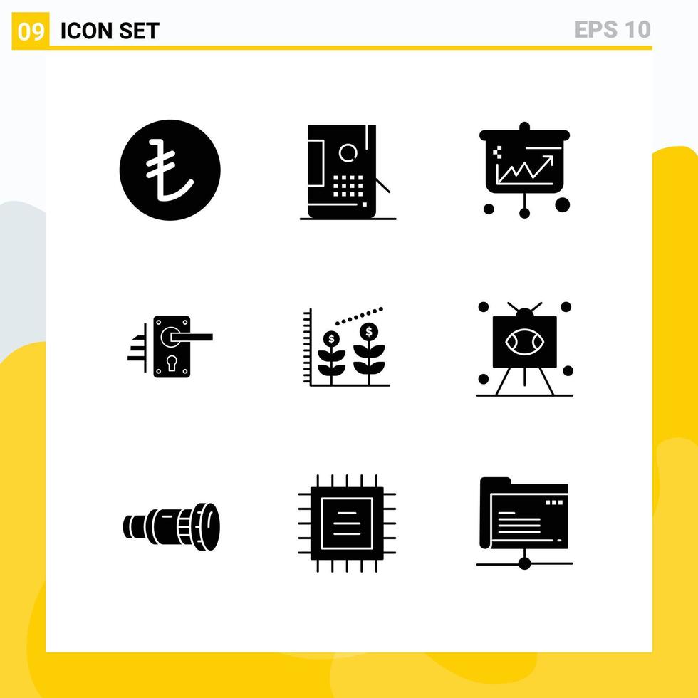 Editable Vector Line Pack of 9 Simple Solid Glyphs of home handle projector door economics Editable Vector Design Elements