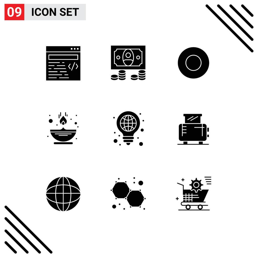 Modern Set of 9 Solid Glyphs Pictograph of pen globe service bulb oil Editable Vector Design Elements