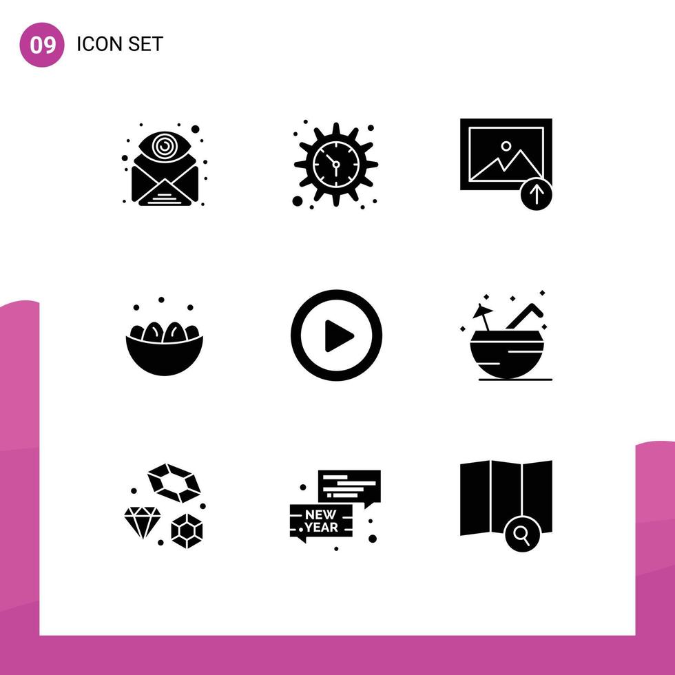 paquete de 9 signos y símbolos de glifos sólidos modernos para medios de impresión web, como elementos de diseño de vectores editables del tazón de pascua del reloj de huevo de los medios