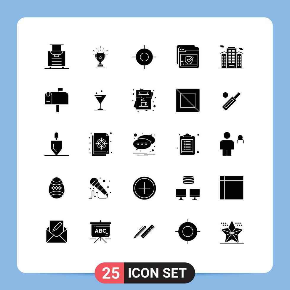 Pack of 25 creative Solid Glyphs of building ok win mark interface Editable Vector Design Elements