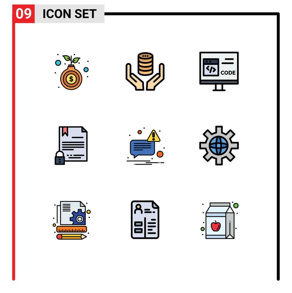 conjunto de 9 paquetes de colores planos de línea de llenado comercial para la firma electrónica del servidor de contratos de documentos desarrollar elementos de diseño de vectores editables