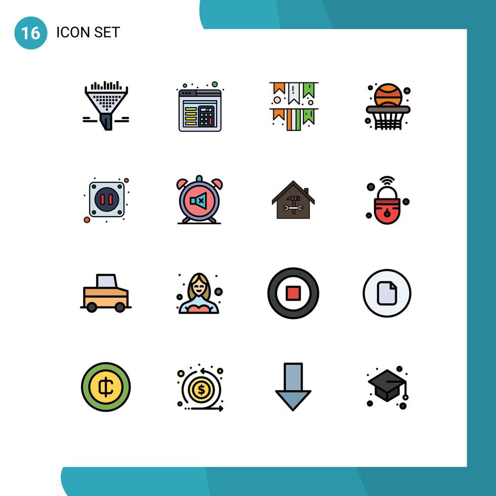 16 Universal Flat Color Filled Line Signs Symbols of socket electric garland basketball school Editable Creative Vector Design Elements
