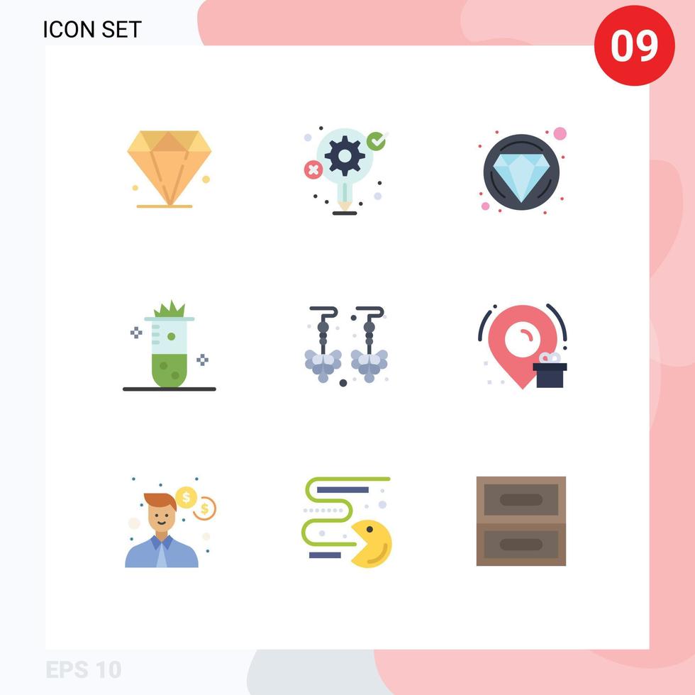 Modern Set of 9 Flat Colors Pictograph of jewelry drop diamond nuclear fusion chemistry Editable Vector Design Elements