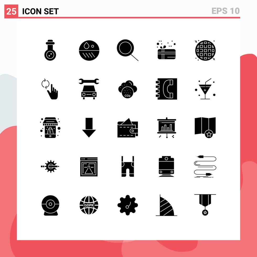 Pack of 25 Modern Solid Glyphs Signs and Symbols for Web Print Media such as refresh finger zoom fast food waffle Editable Vector Design Elements
