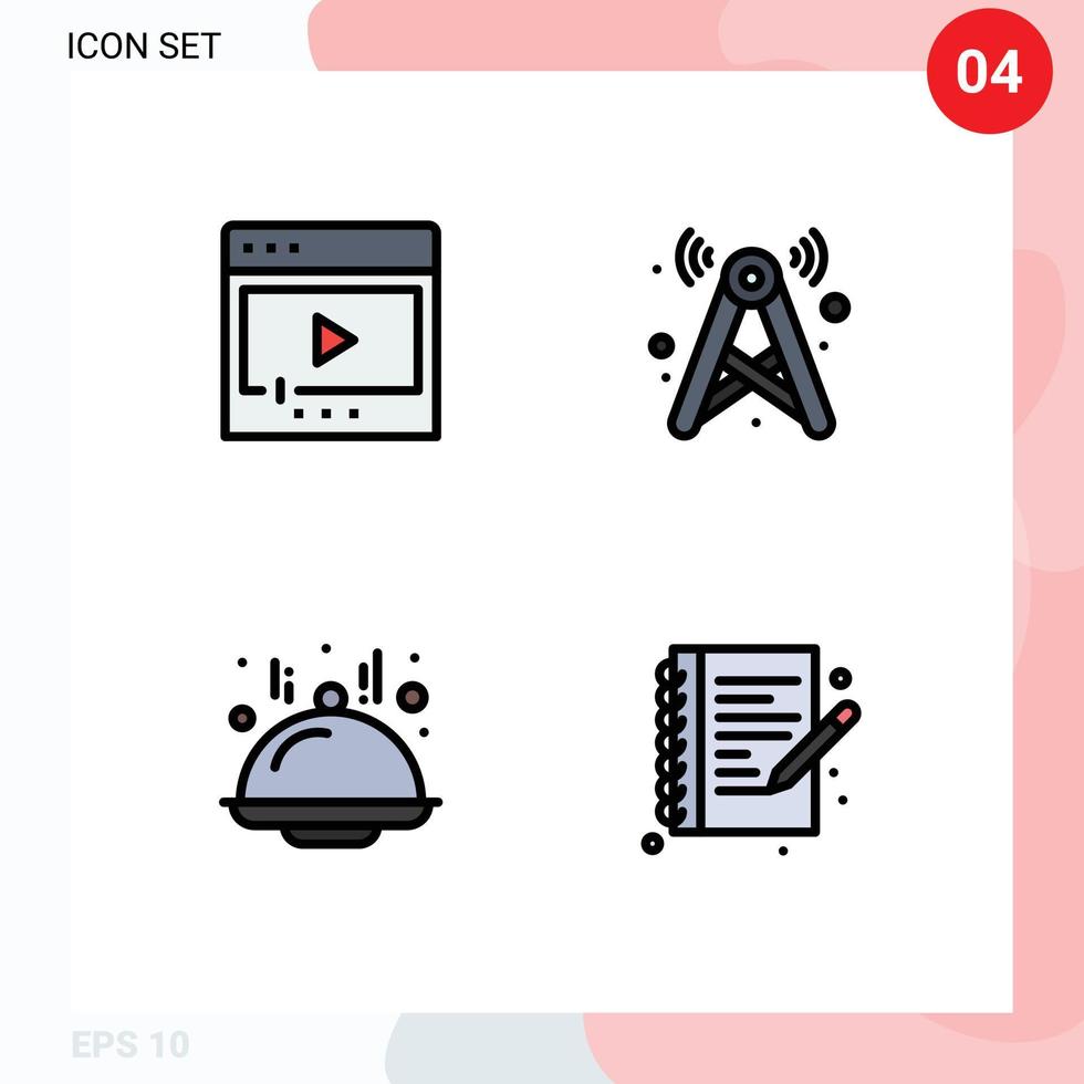 Set of 4 Modern UI Icons Symbols Signs for film wifi multimedia signal food Editable Vector Design Elements