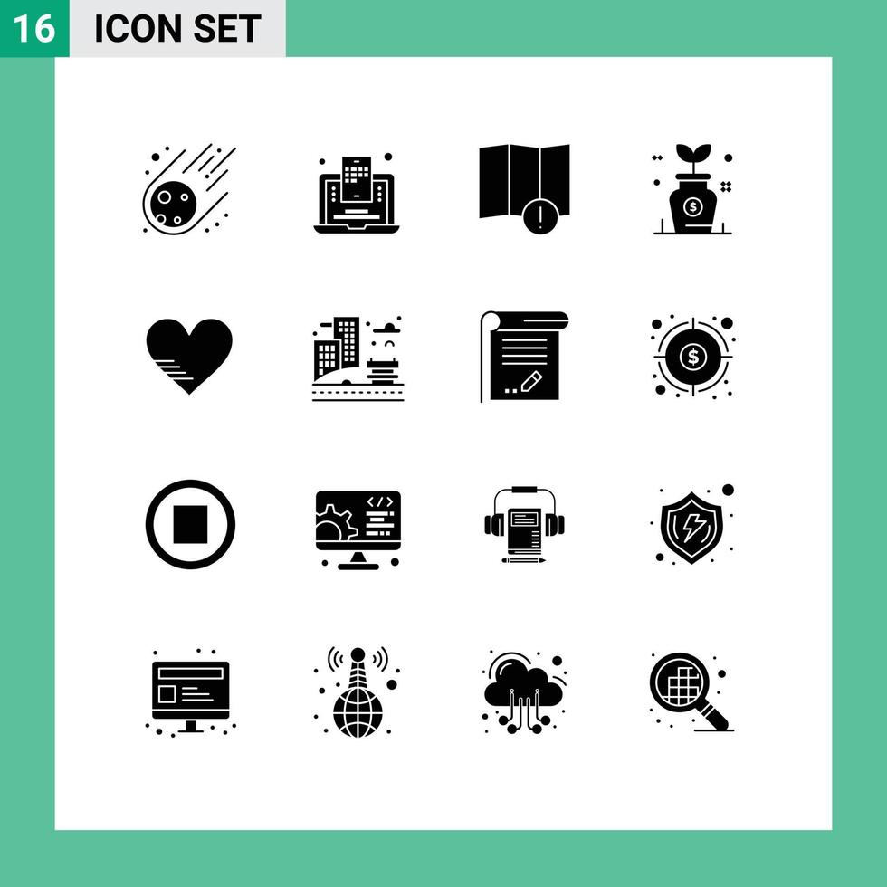 Universal Icon Symbols Group of 16 Modern Solid Glyphs of like heart alert tree growth Editable Vector Design Elements
