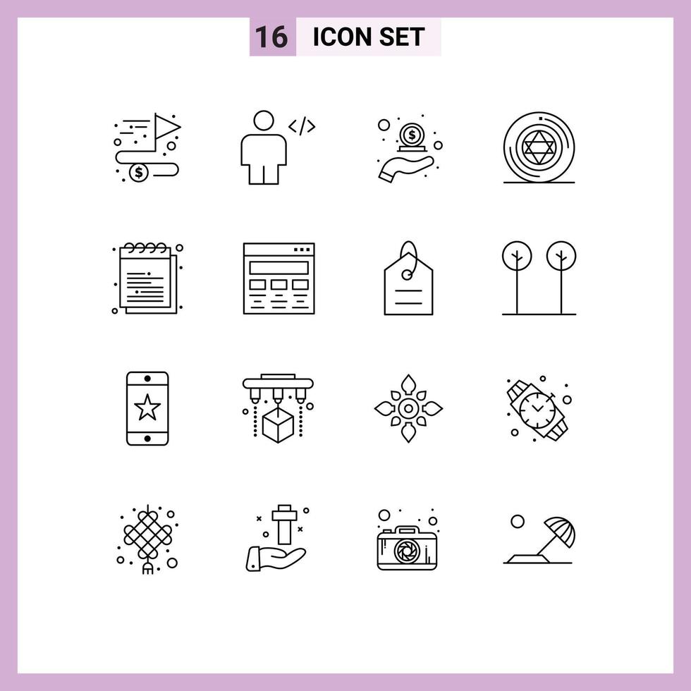 Modern Set of 16 Outlines Pictograph of star magic markup circle in Editable Vector Design Elements