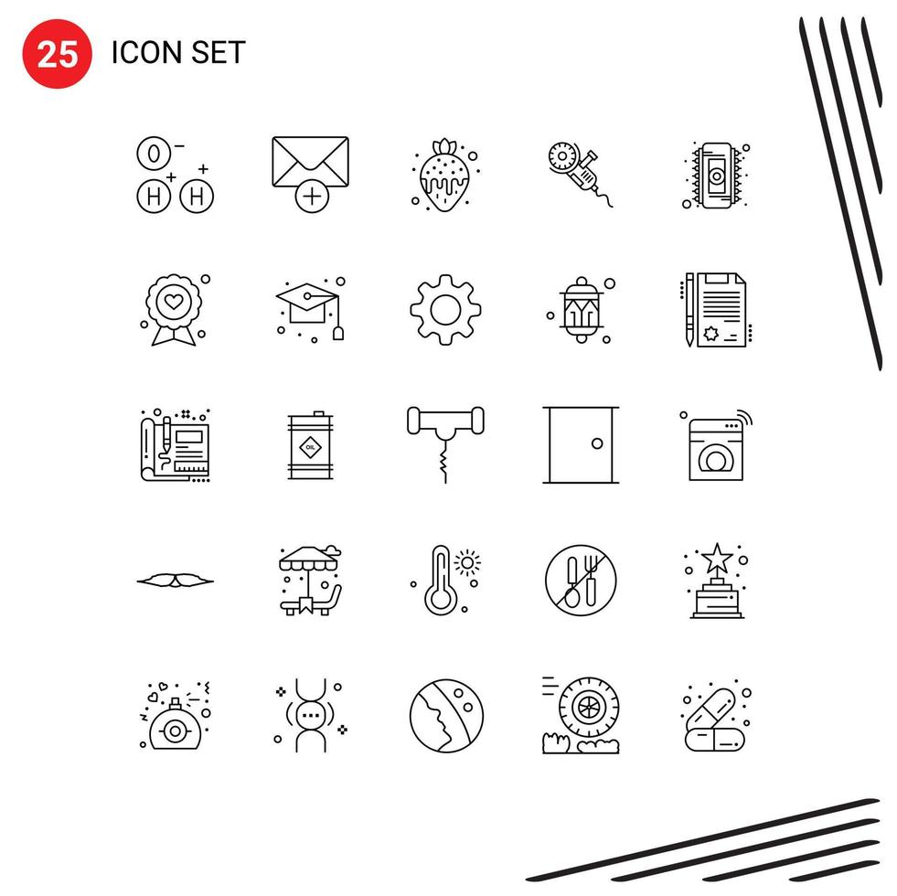 User Interface Pack of 25 Basic Lines of memory chip strawberry blade power Editable Vector Design Elements