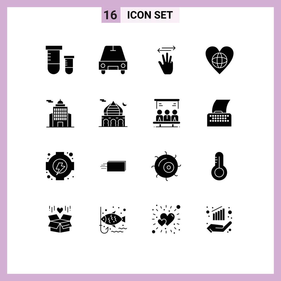 16 Universal Solid Glyphs Set for Web and Mobile Applications administration heart hand cursor world ecology Editable Vector Design Elements