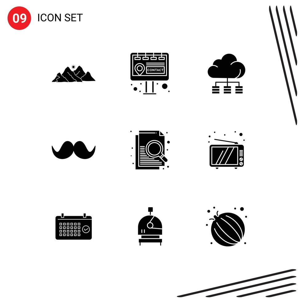 conjunto de glifos sólidos de interfaz móvil de 9 pictogramas de elementos de diseño de vector editables de bigote de movember de nube masculina de documento