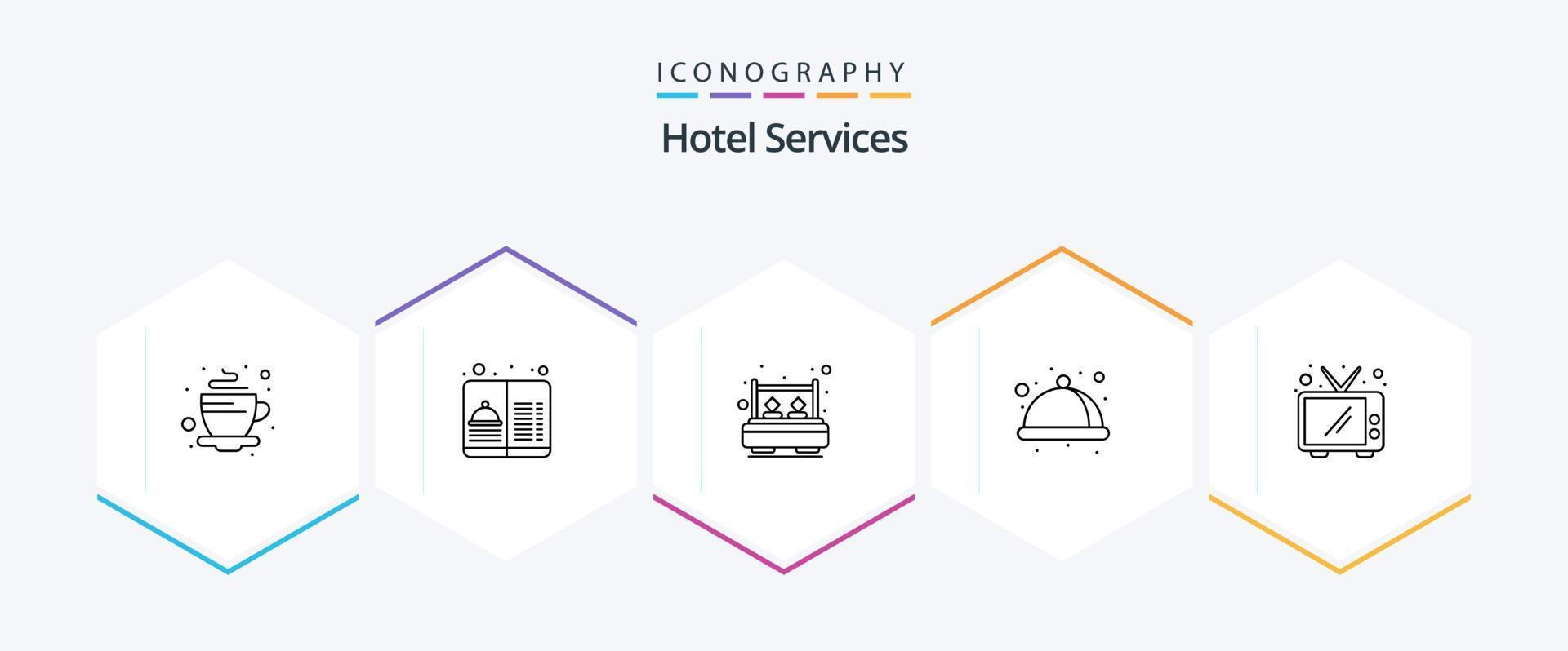 paquete de iconos de 25 líneas de servicios de hotel que incluye pantalla. Servicio. cama. atender. alimento vector