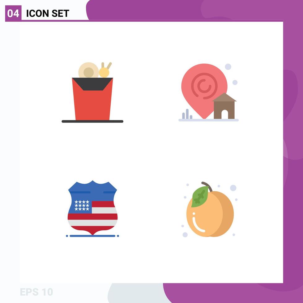 conjunto de 4 paquetes de iconos planos comerciales para fideos, ubicación de EE. UU., paquete inmobiliario, elementos de diseño vectorial editables vector