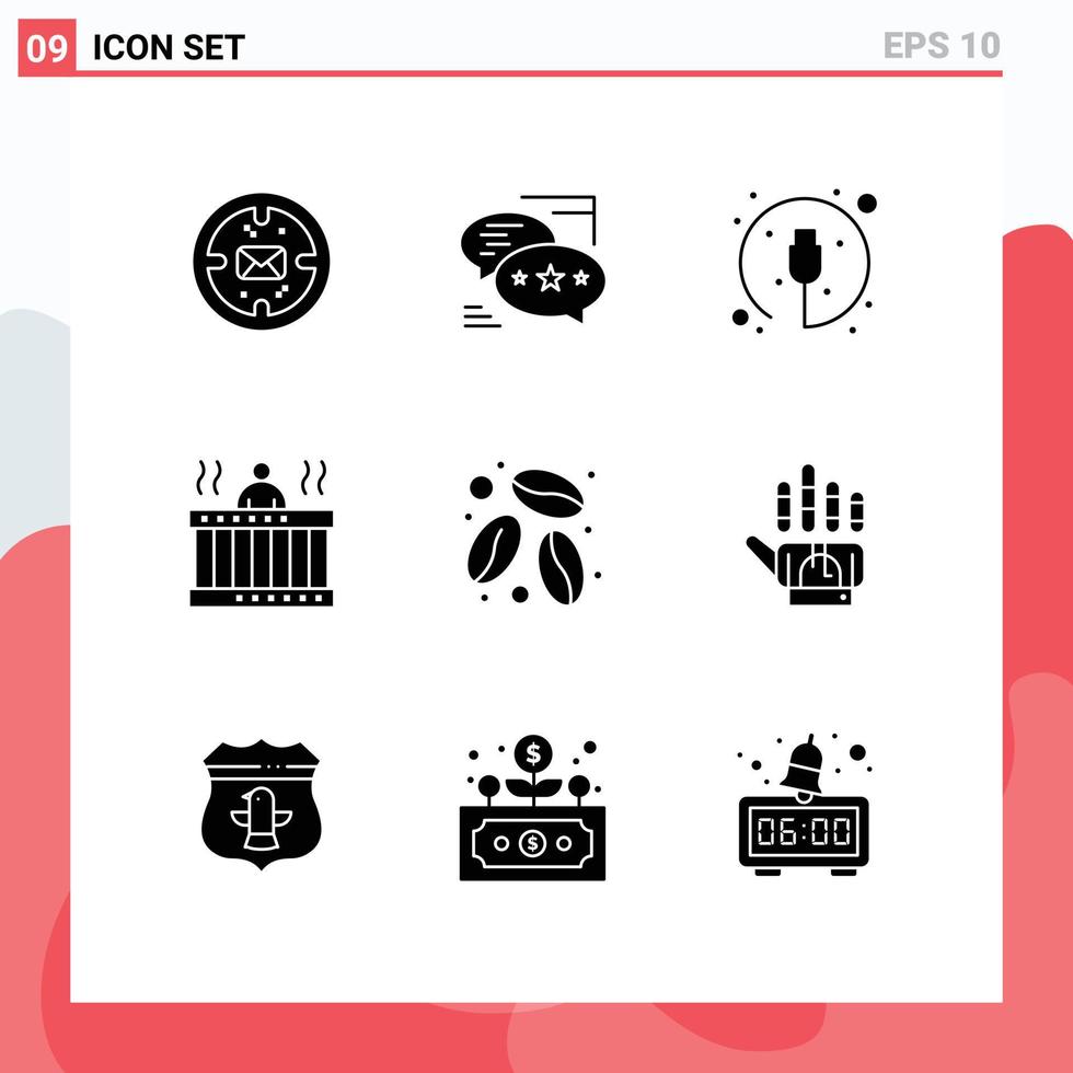 Set of 9 Vector Solid Glyphs on Grid for springs relax sms massage cable Editable Vector Design Elements