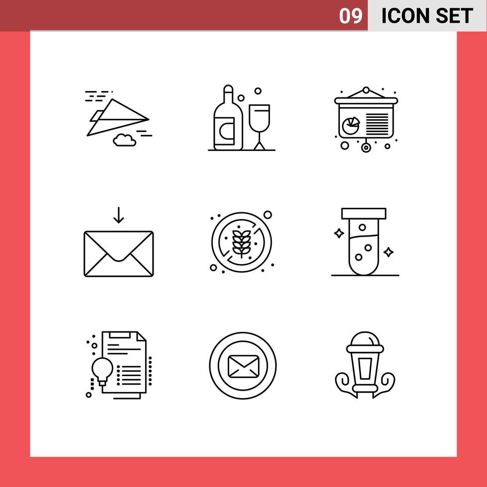conjunto de 9 iconos de interfaz de usuario modernos signos de símbolos para alimentos de conferencias saludables de tubo reciben elementos de diseño de vectores editables
