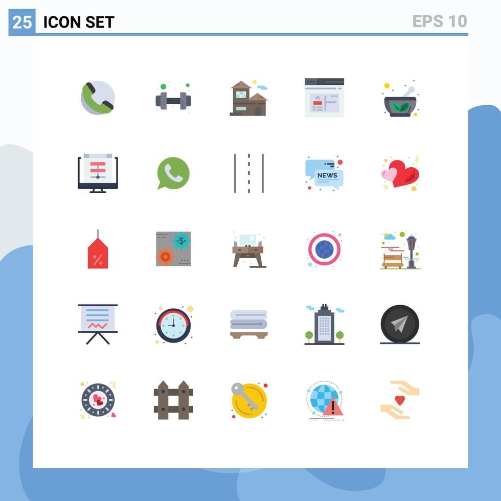 Mobile Interface Flat Color Set of 25 Pictograms of herbal bowl bowl house web browser Editable Vector Design Elements