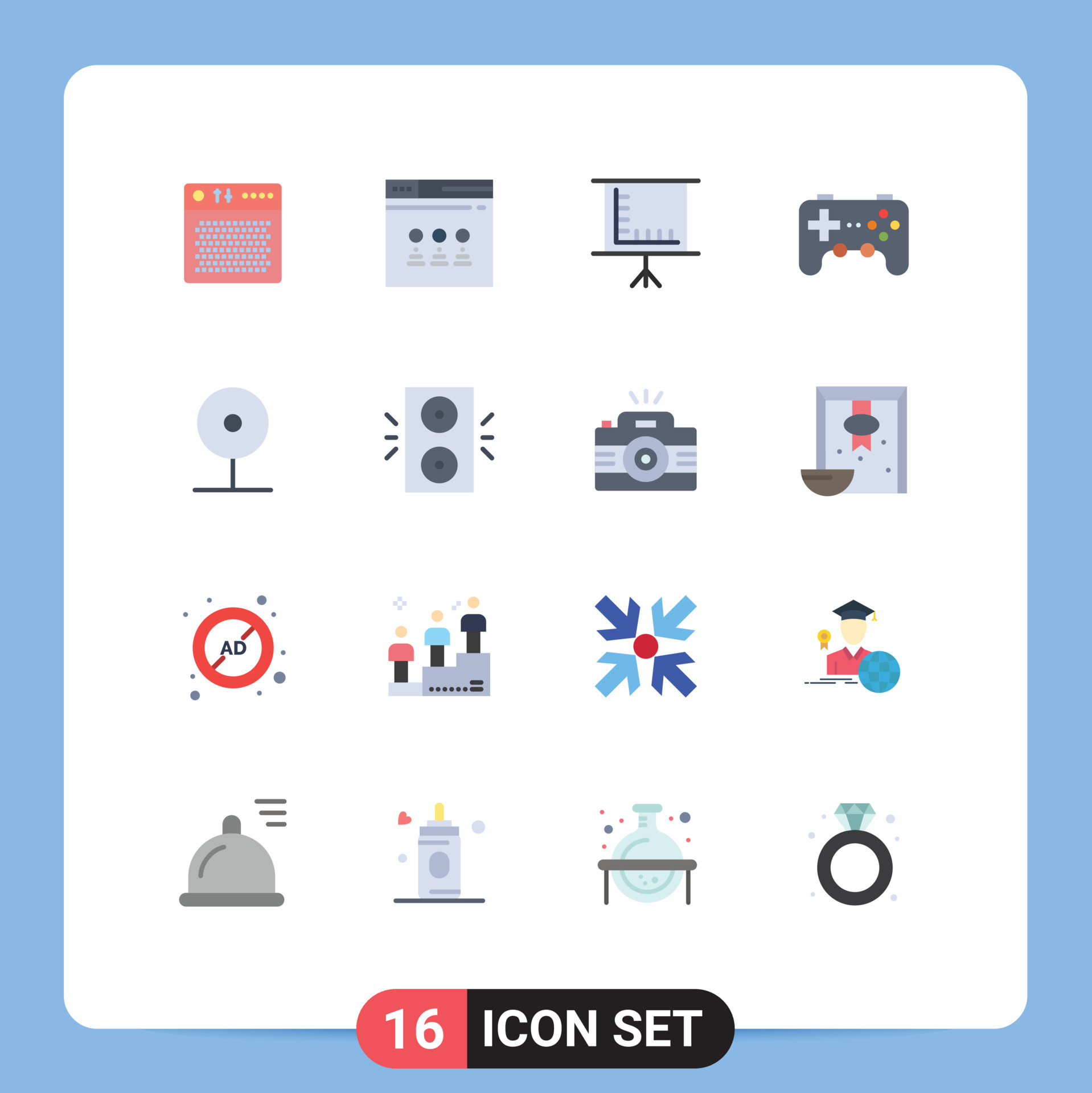 Mobile Interface Flat Color Set of 16 Pictograms of cctv joystick