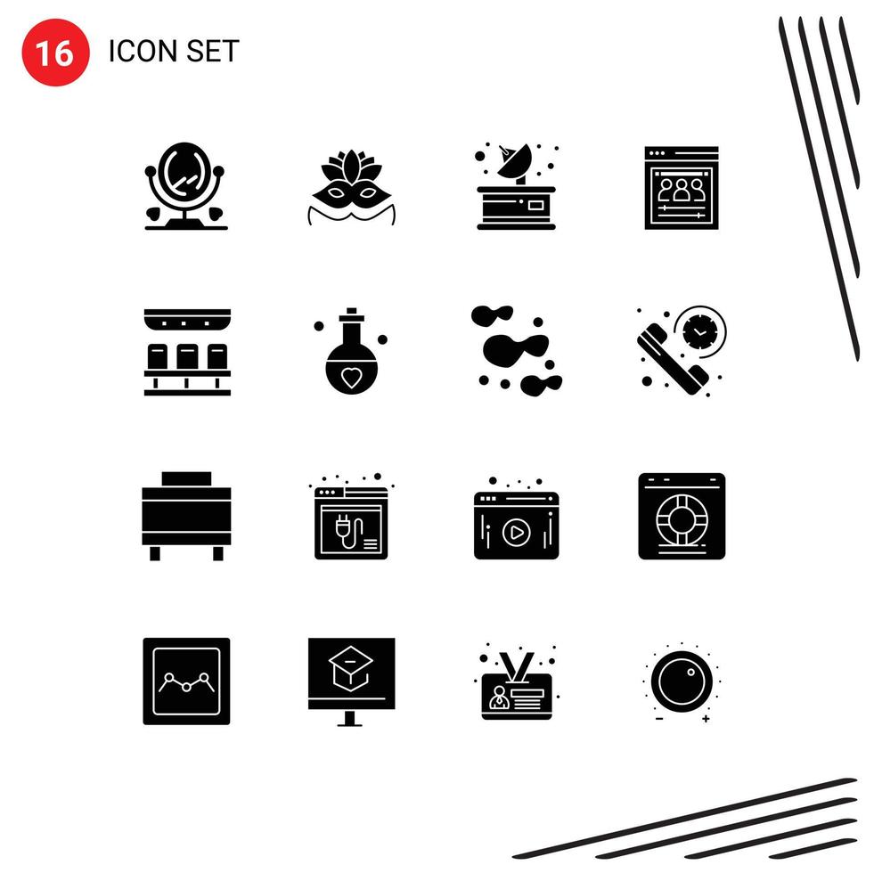 Pack of 16 creative Solid Glyphs of travel train parabolic seats web developers Editable Vector Design Elements