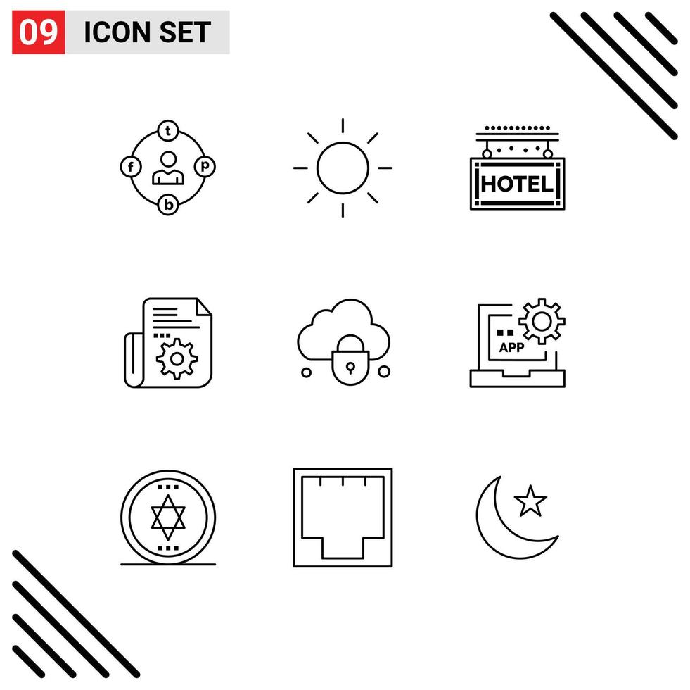 Universal Icon Symbols Group of 9 Modern Outlines of lock internet journey tools folder Editable Vector Design Elements