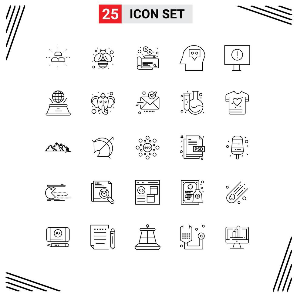 Modern Set of 25 Lines Pictograph of world error cheaque computer idea Editable Vector Design Elements