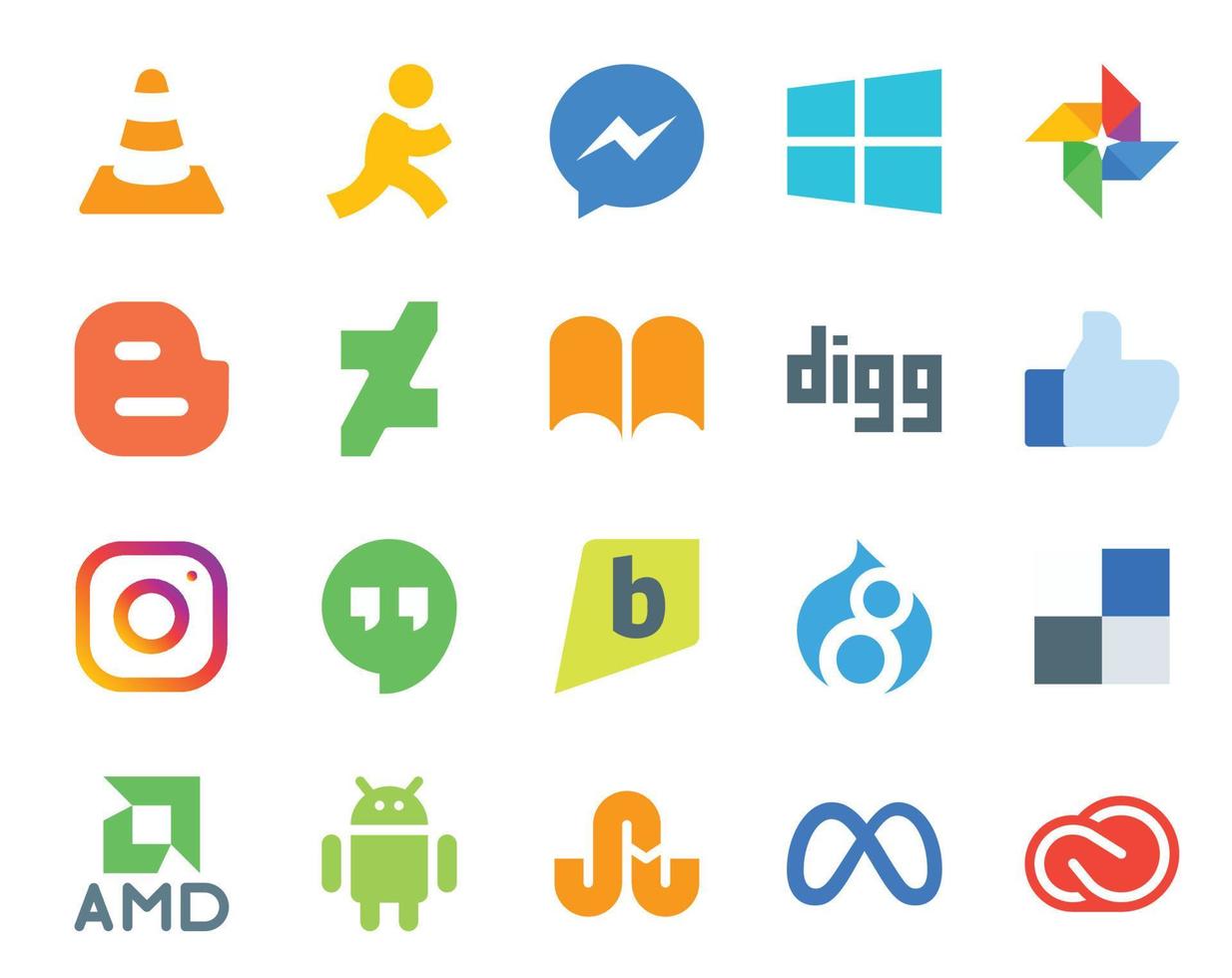 20 Social Media Icon Pack Including amd drupal deviantart brightkite instagram vector