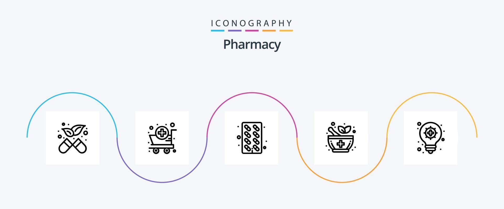 paquete de iconos de la línea 5 de farmacia que incluye. bombilla. medicamento. innovación. farmacia vector