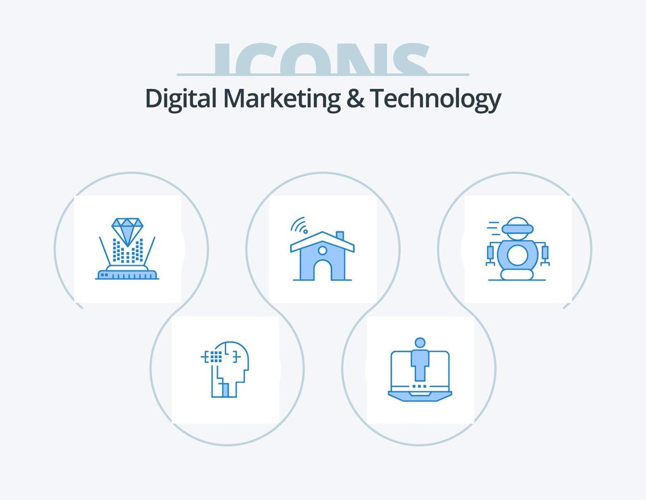 Digital Marketing And Technology Blue Icon Pack 5 Icon Design. technology. house. hologram. signal. wifi vector