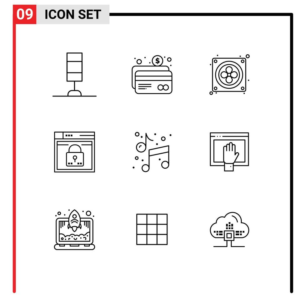 Pack of 9 creative Outlines of art lock fan passward web Editable Vector Design Elements