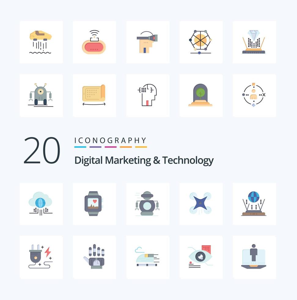 20 Digital Marketing And Technology Flat Color icon Pack like globe image human camera technology vector