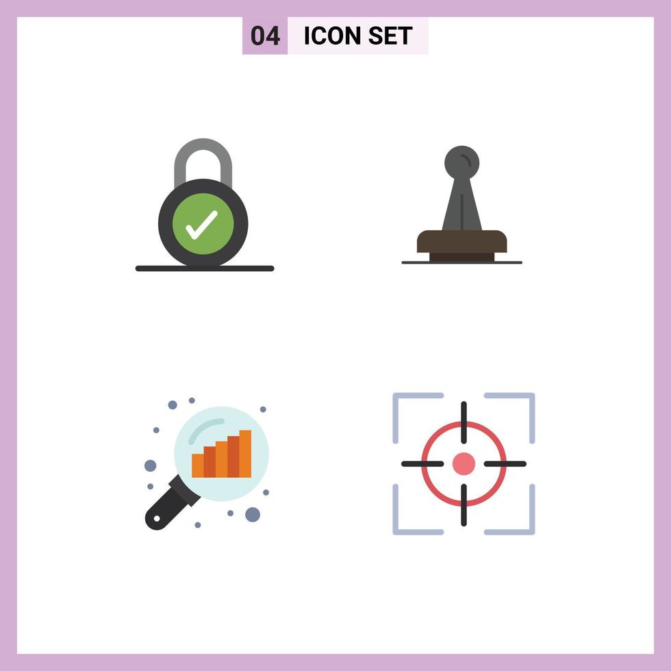 conjunto de pictogramas de 4 iconos planos simples de sello de bloqueo sello gráfico legal análisis elementos de diseño vectorial editables vector