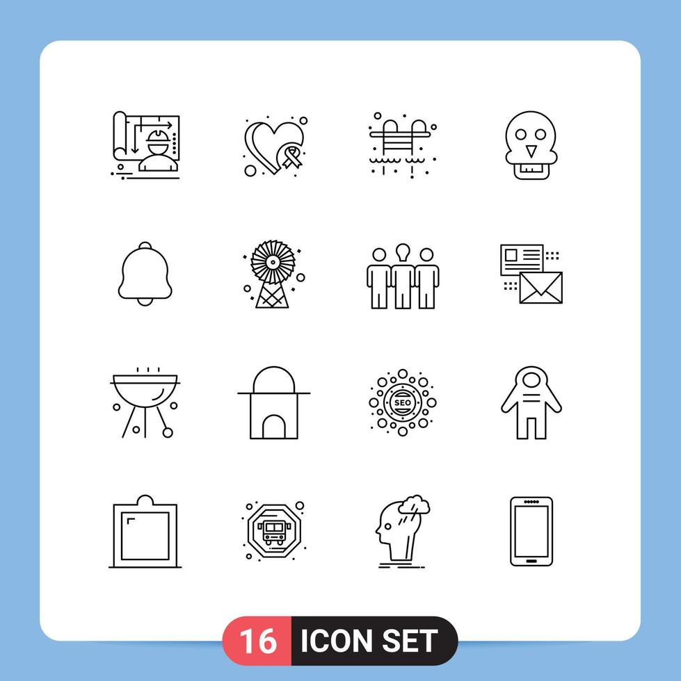 16 User Interface Outline Pack of modern Signs and Symbols of notification alert city man skull of death Editable Vector Design Elements