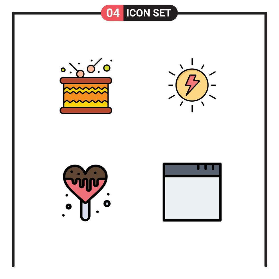 Universal Icon Symbols Group of 4 Modern Filledline Flat Colors of drum ice sweet sound sun app Editable Vector Design Elements