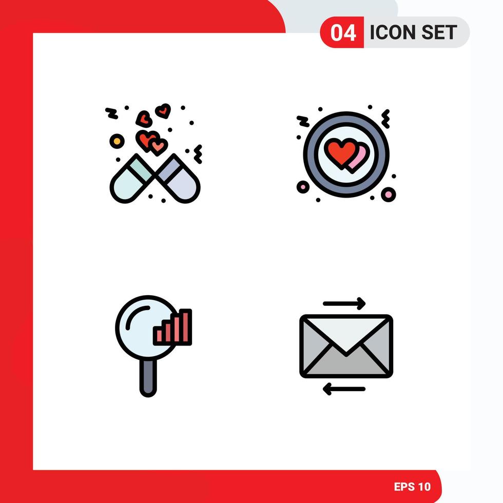 Pack of 4 Modern Filledline Flat Colors Signs and Symbols for Web Print Media such as capsule search love heart signal Editable Vector Design Elements