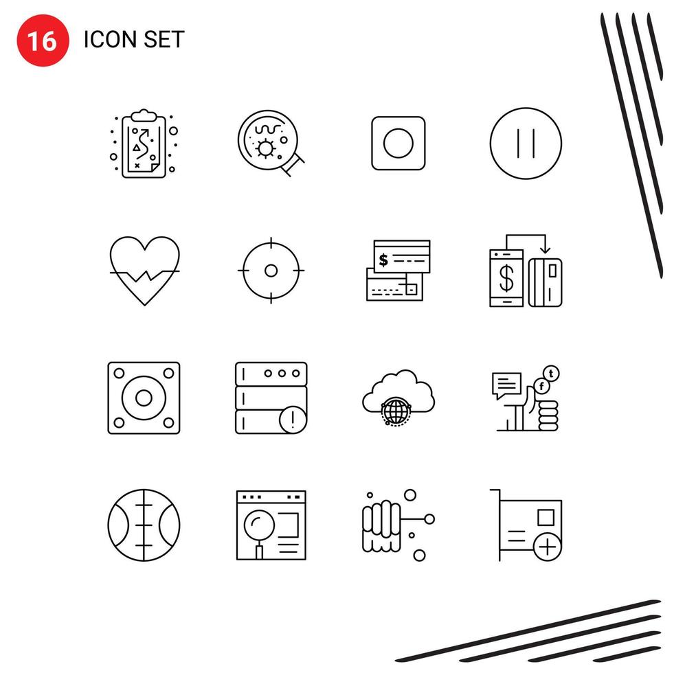 16 User Interface Outline Pack of modern Signs and Symbols of beat heart app stop multimedia Editable Vector Design Elements